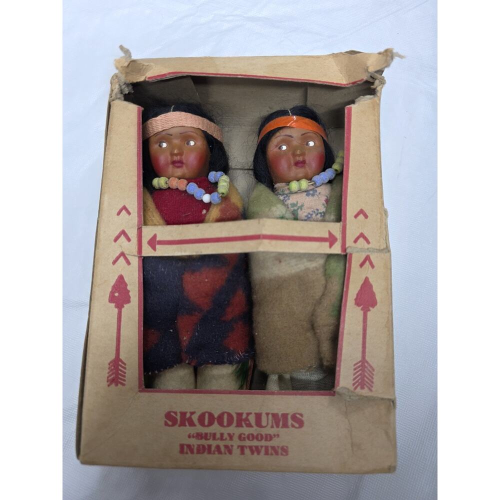 1940's Vtg Skookums Native American Bully Good Indian Twin Dolls Original Box